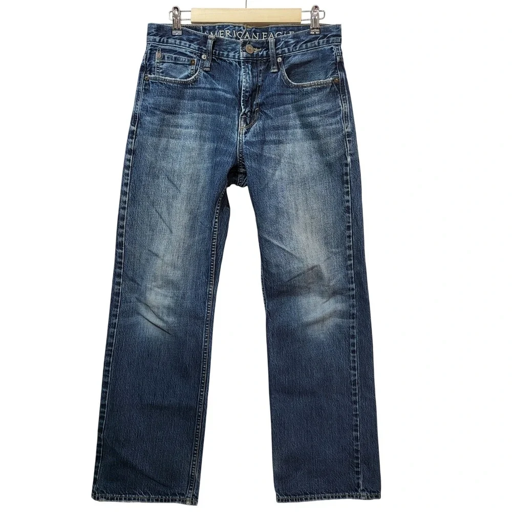 American Eagle Mens Straight Leg Jeans Blue Medium Wash Distressed Denim 31x32